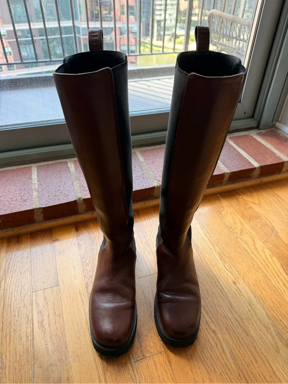 STAUD Dark Brown Leather Over-the-Knee Boot with Black Stretch Panel